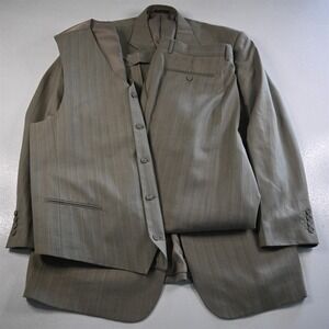 Zandello 44L 38x32 Tan‎ Brown Striped 3 Piece Vest Mens Jacket Pants Suit
